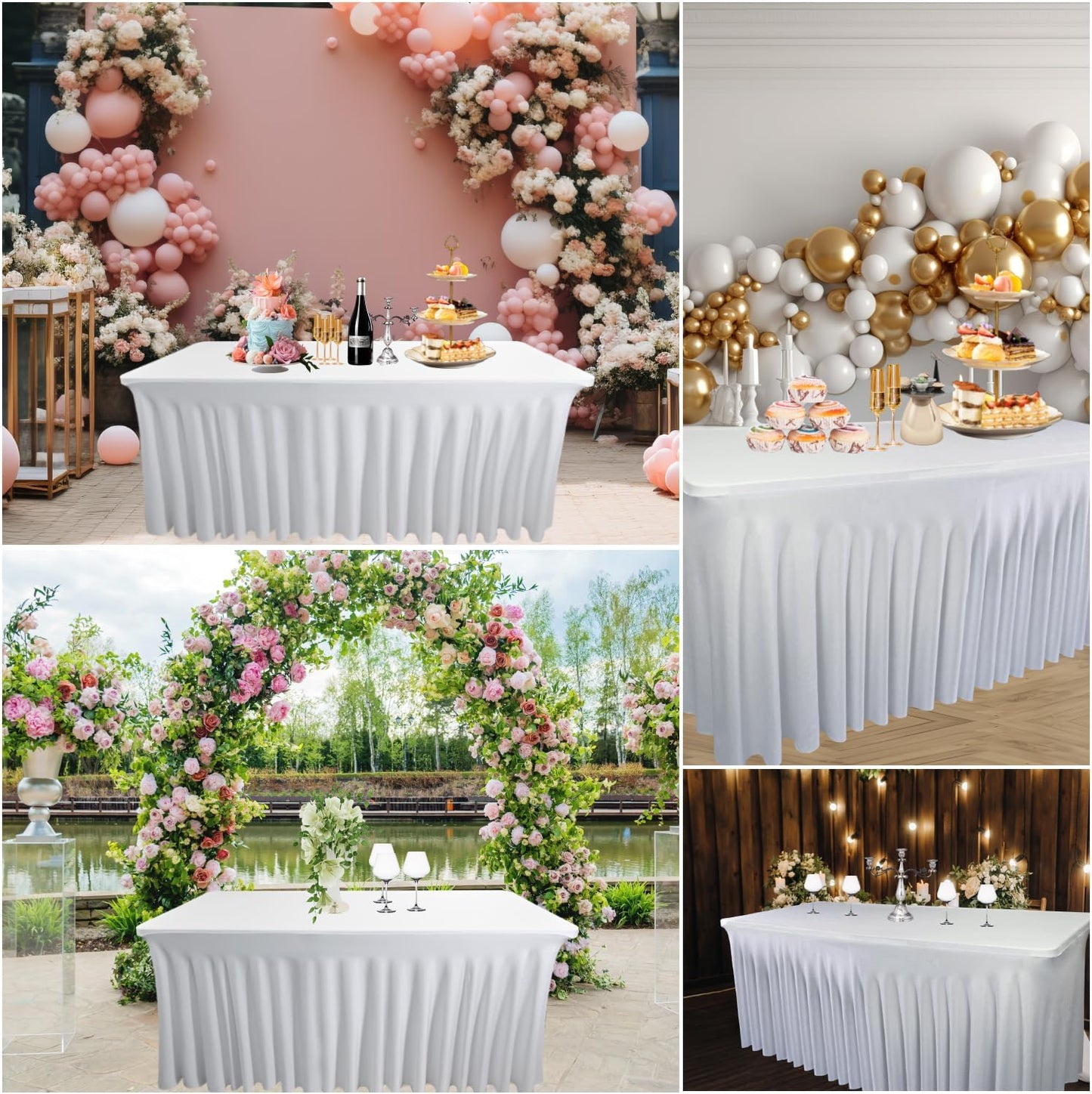 4 Pack - White Spandex Table Skirt for 8ft Tables (96" L x 30" W x 30" H) | Stretch, Washable & Wrinkle-Resistant Fitted Cover | Banquet, Birthday Party Decor