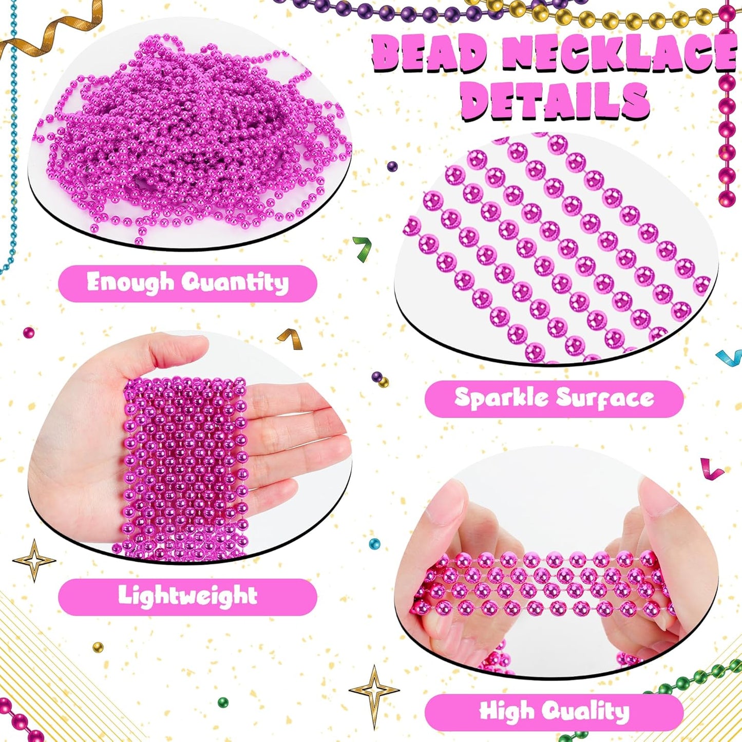 12 PCS Pink Beads Necklaces, 33" Mardi Gras Beads Party Favors, Festival Parade Throws Stuff, Round Beaded Necklaces Party Favors for Breast Cancer Awareness Accessories Gender Reveal