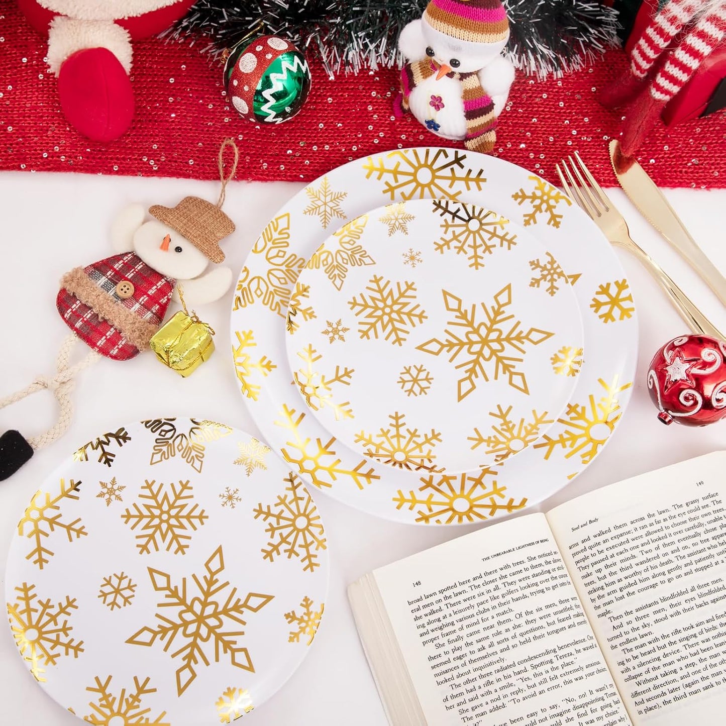 WDF 50 Pieces Plastic Christmas Plates - White and Gold Plates with Snowflake include 25 Dinner Plates, 25 Salad Plates - Disposable Gold Plastic Plates for Christmas Party, Winter