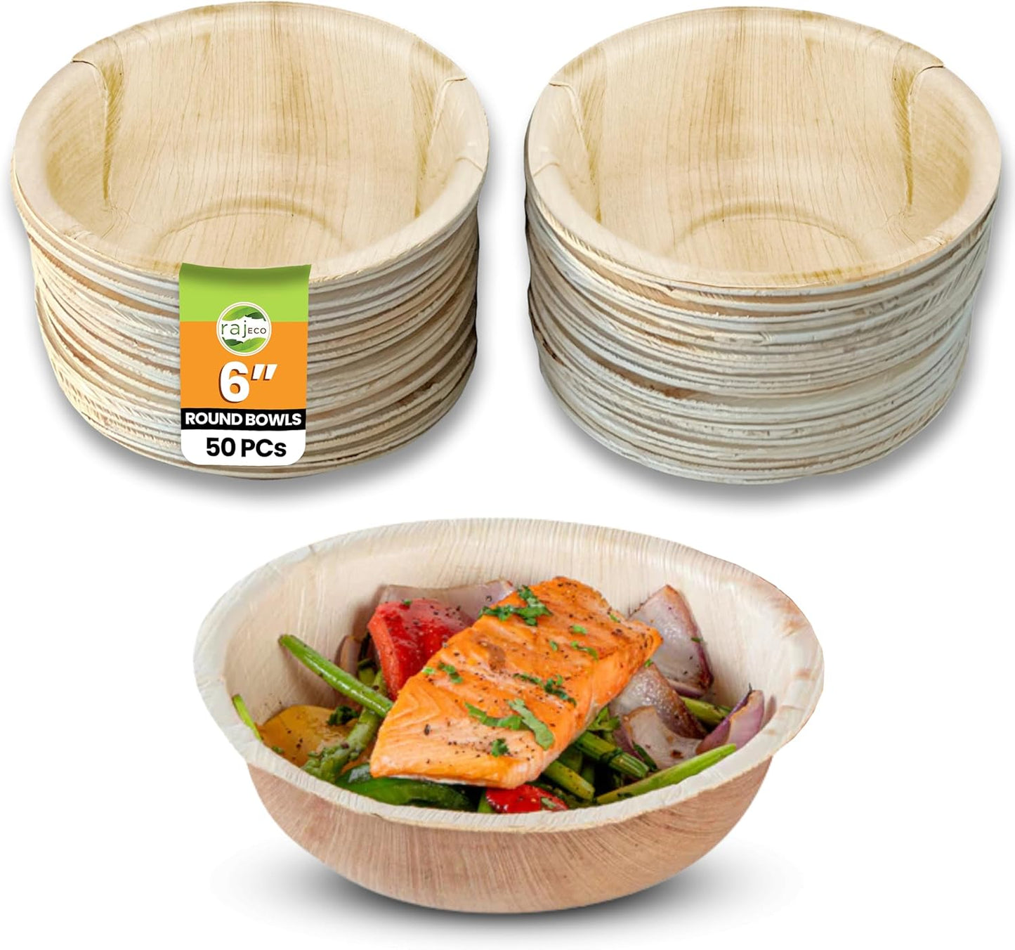 Raj Disposable Palm Leaf Bowls (50 Count, 6" Bowls) Strong Bowl Like Bamboo Party Bowl - Decorative Compostable Tableware for Lunch, Dinner, Birthday, Outdoor, BBQ, Picnic, Parties