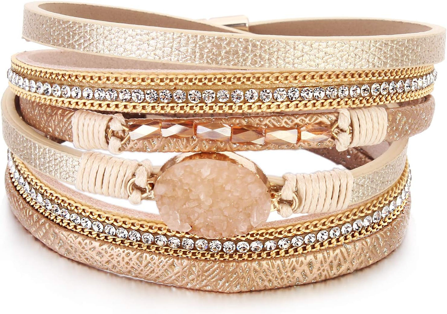 FANCY SHINY Leather Wrap Bracelet Boho Cuff Bangle Bracelets Crystal Bead Bracelet with Magnetic Clasp Jewelry Gifts for Women