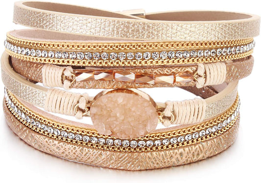 FANCY SHINY Leather Wrap Bracelet Boho Cuff Bangle Bracelets Crystal Bead Bracelet with Magnetic Clasp Jewelry Gifts for Women