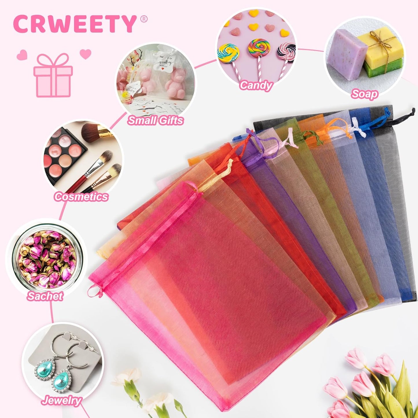 Crweety 50 Pcs Pink Organza Bags 5x7 Inch, Premium Mesh Gift Bags for Wedding Baby Shower Party Favors, Small Mesh Bags Drawtring for Candy Jewelry Gifts, Cute Sachet Bags