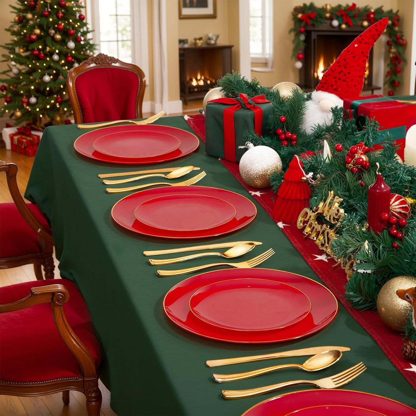 WDF 150Pcs Red Plastic Plates - Red Plates Disposable - 25Guest Christmas Dinnerware Include 25 Dinner Plate, 25 Dessert Plate, 75 Cutlery & 25 9oz Cups for Christmas & Parties