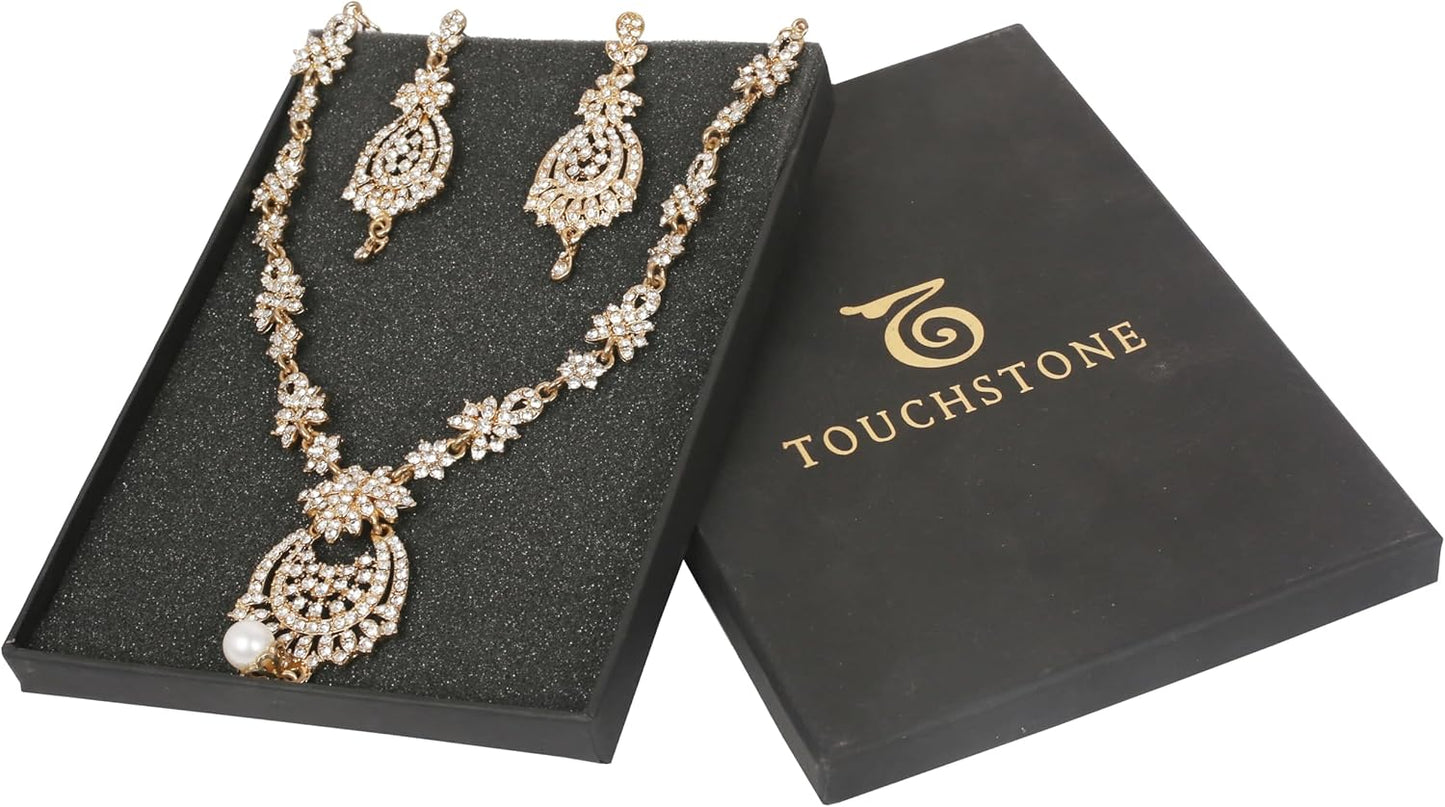 Touchstone Indian jewelry sets for women maang tikka wedding guest gold necklace bollywood jewellery set pageant elegant prom bride accessories western crystal chunky rhinestone necklaces