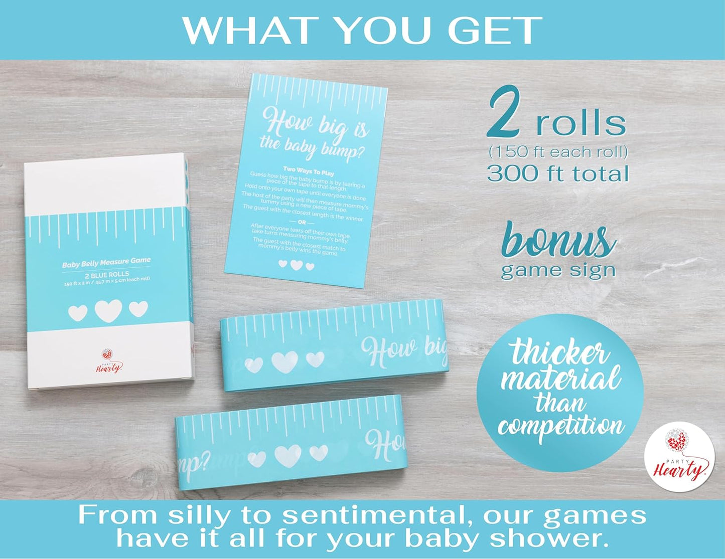 Party Hearty Funny Baby Shower Games for Boy Activities, 2 Rolls, 2 inch x 150 feet, Blue Tummy Measure, Fun & Easy Idea