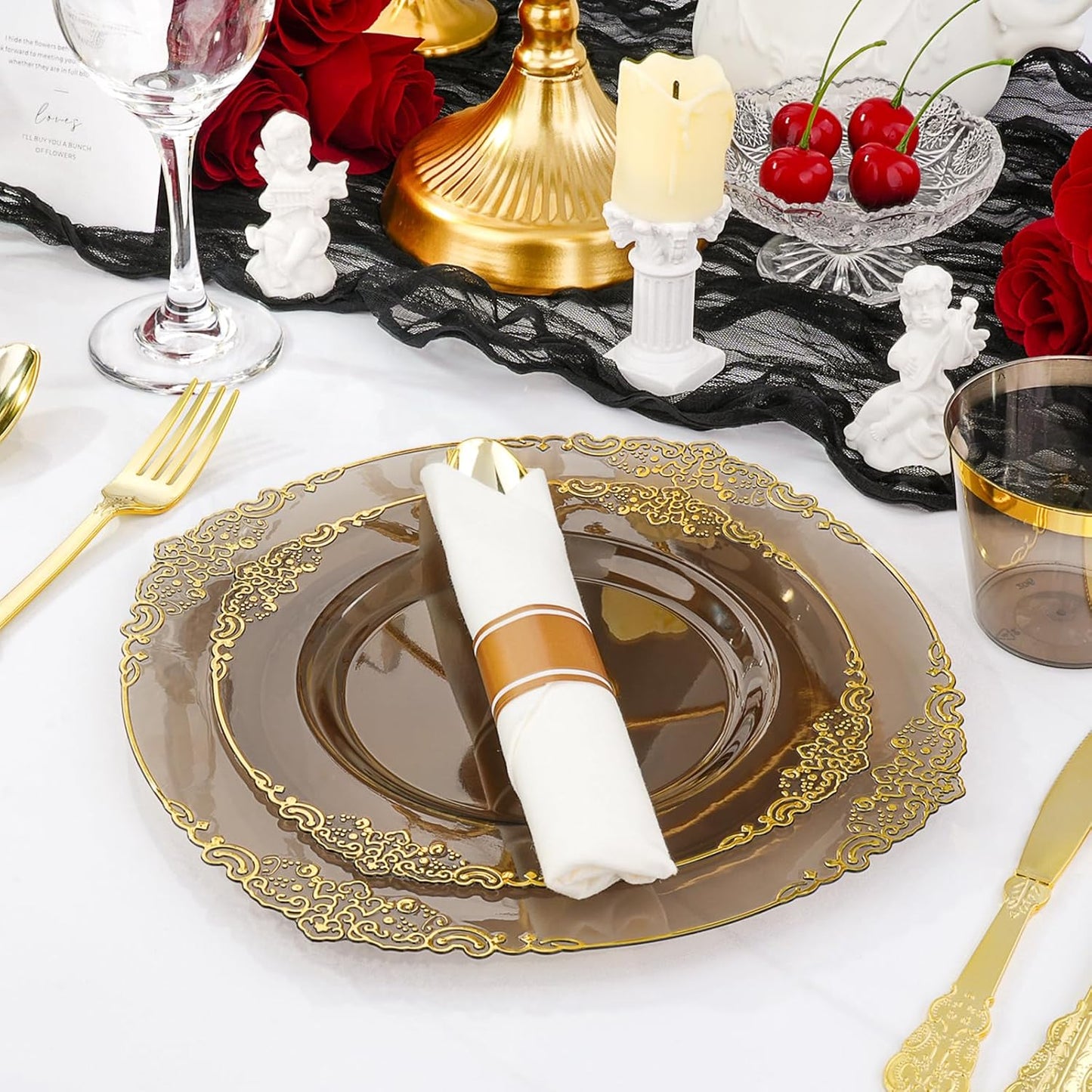 350 PCS Black and Gold Plastic Plates, Disposable Dinnerware Set for 50 Guests, 100 Disposable Plates, 150 Silverwares, 50 Cups, 50 Napkins for Wedding, Party, Graduation