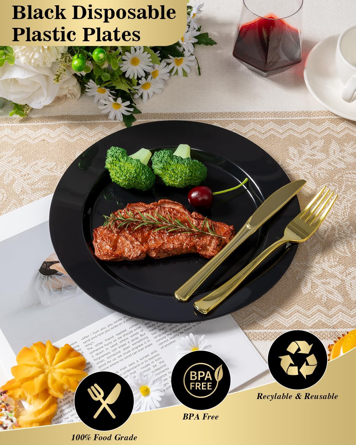 BESTVIP 100PCS Black Plastic Plates, 10.25 Inch Disposable Dinner Plate Party, Heavy Duty Disposable Plastic Plates - Ideal for Christmas Parties, Wedding and Birthday, Everyday Use, Lunch & Dinner
