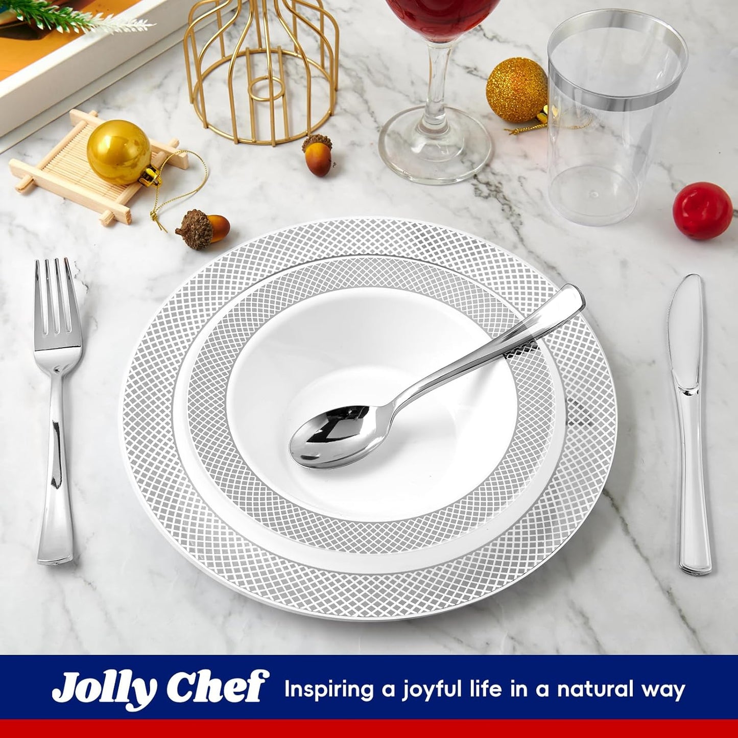 JOLLY CHEF 100 Pack Plastic Bowls with Silver Rim, 12 oz Disposable Soup Bowls, Heavy Duty Dessert Bowls for Weddings, Parties, Dinners, Catering, Thanksgiving and Everyday Use