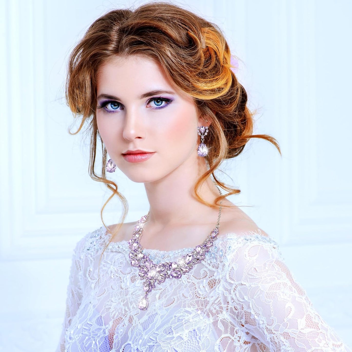 Hicarer Bridal Teardrop Cluster Crystal Jewelry Set for Women Necklace Earrings Wedding