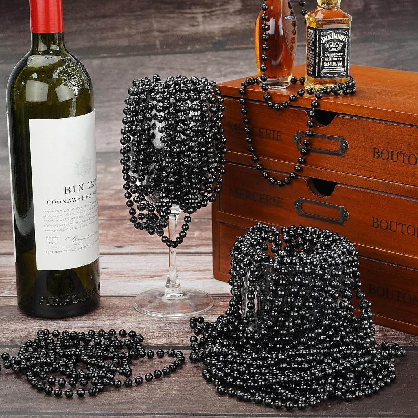 YAXINRUI 24 PCS Black Bead Necklaces, Black Mardi Gras Beads, Halloween Beads Necklaces, New Year Eve Necklaces, 33 Inch Black Beaded Necklaces for Mardi Gras Christmas Halloween Festive Events