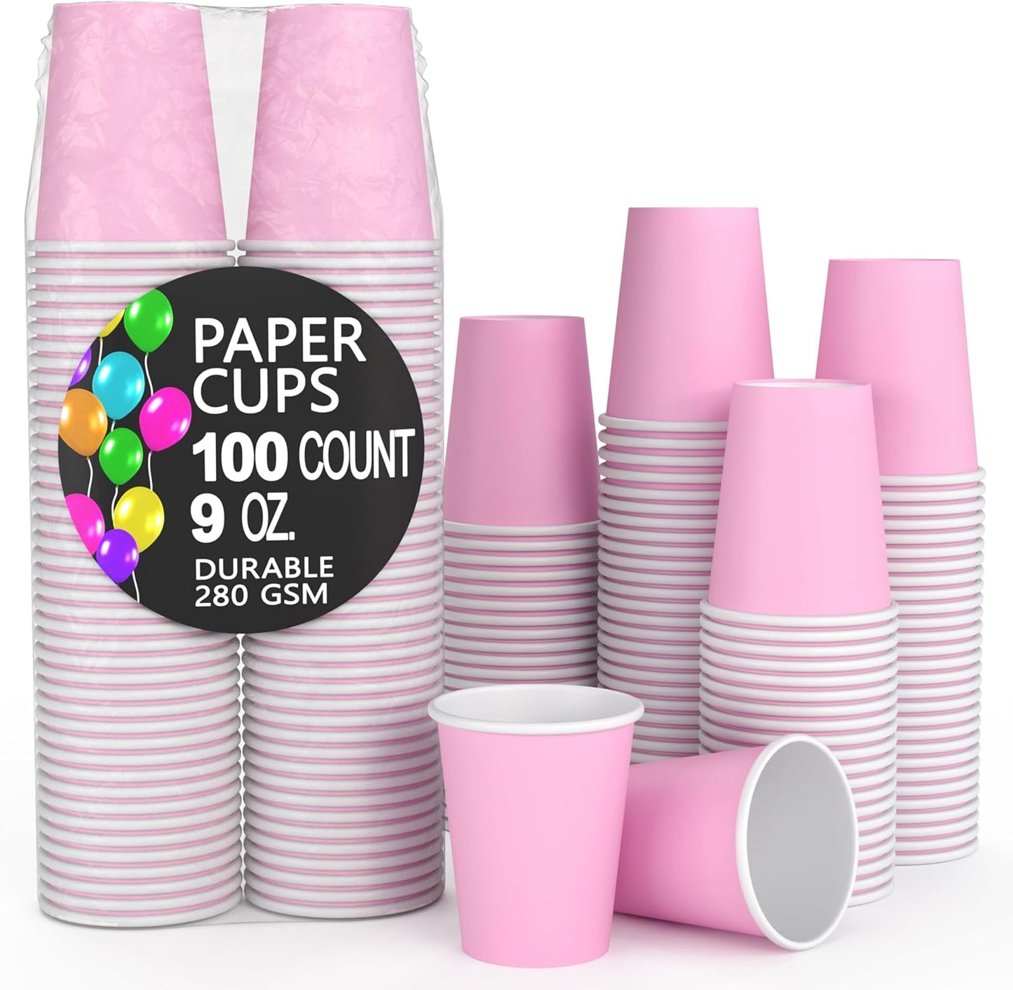 Party Solids Pink Paper Cups 9 oz Durable Disposable Cups 100 Paper Tumblers for Hot Drinks and Cold Drinks Thick 280 GSM Hot Cup for Tea & Coffee Cup To Go Fun Colors for Parties & Events