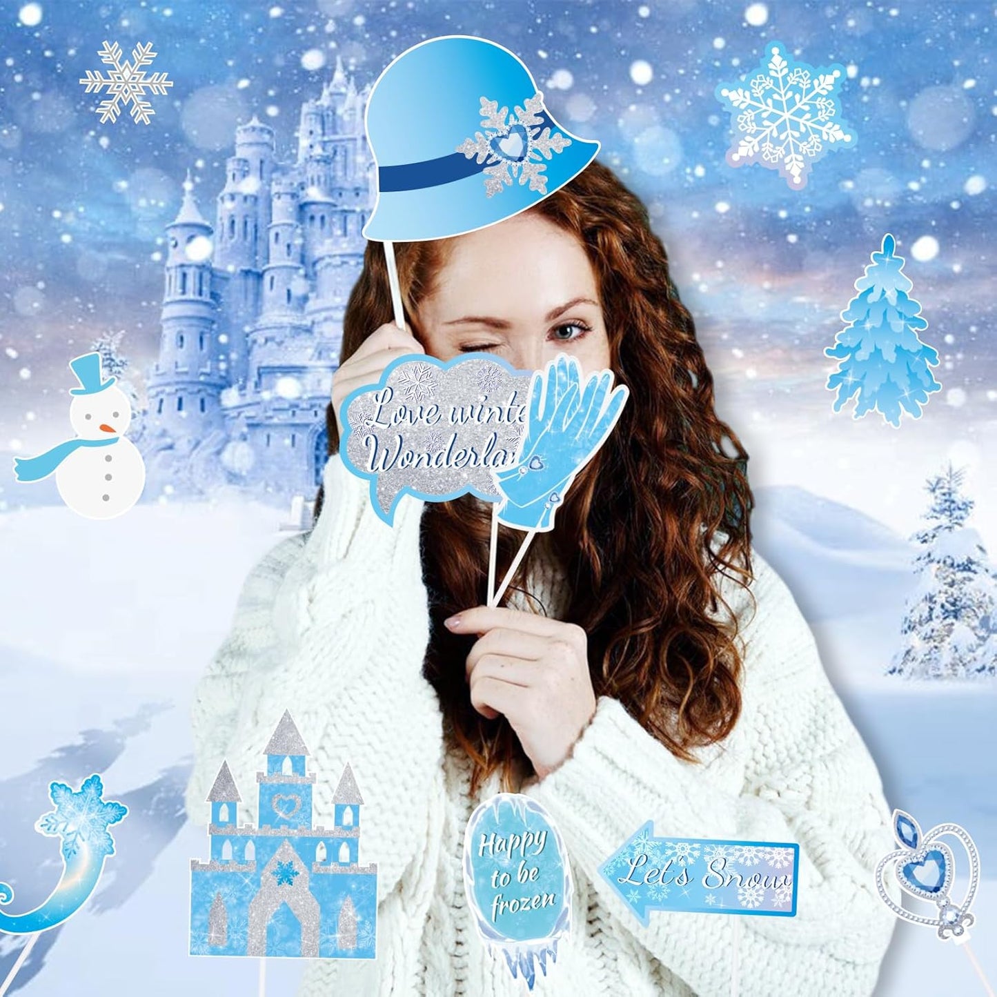 SUNBEAUTY 36 PCS Winter Wonderland Photo Booth Props Frozen Party Decorations Snow White Photo Booth Props for Winter Birthday Theme Party Holiday Christmas Party Supplies