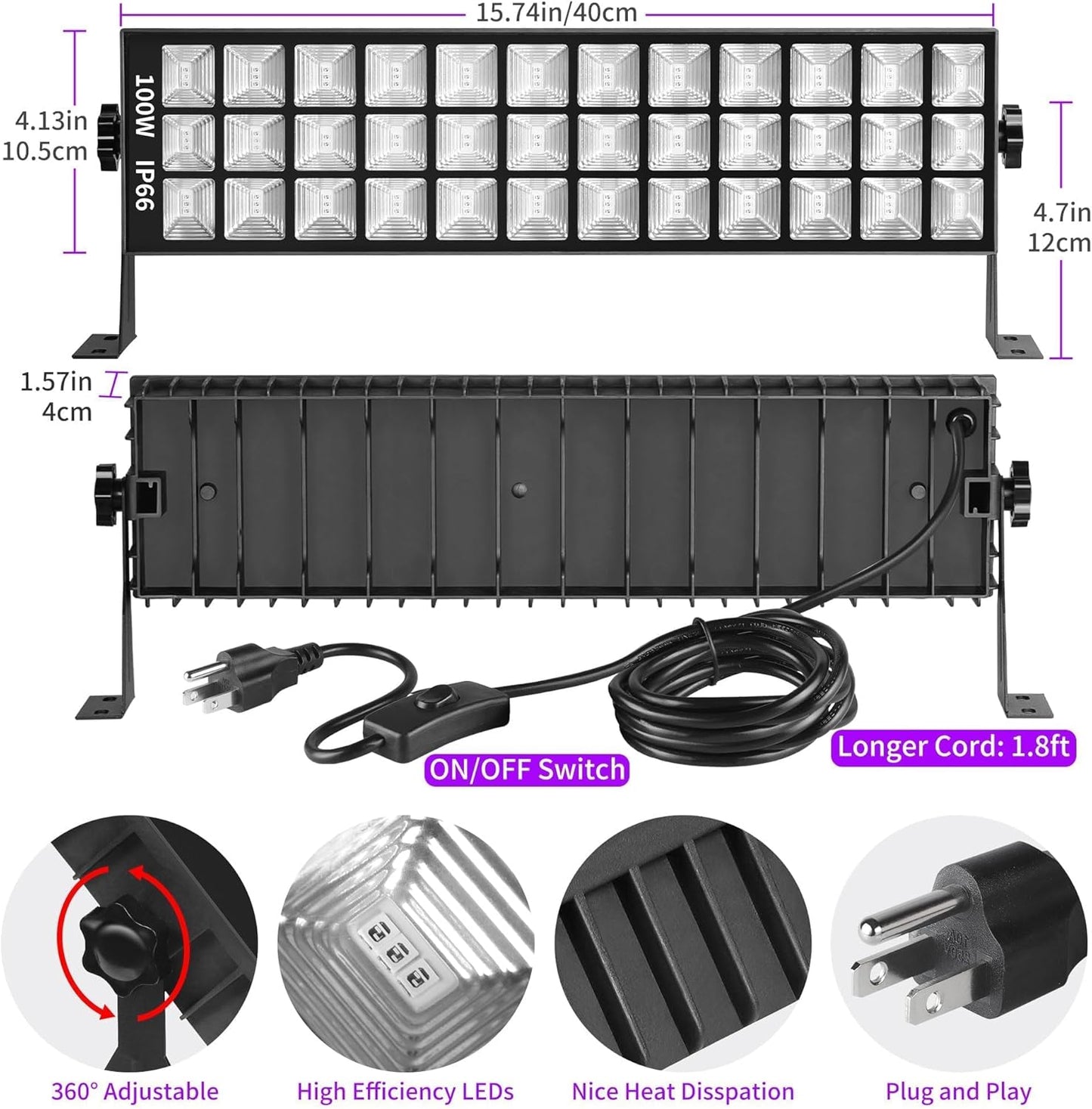 100W LED Black Lights Bar, 100 LEDs, Blacklight Flood Light for Black Light Party, for Glow Party, Bedroom, Halloween, Fluorescent Poster, Body Paint, Tapestry
