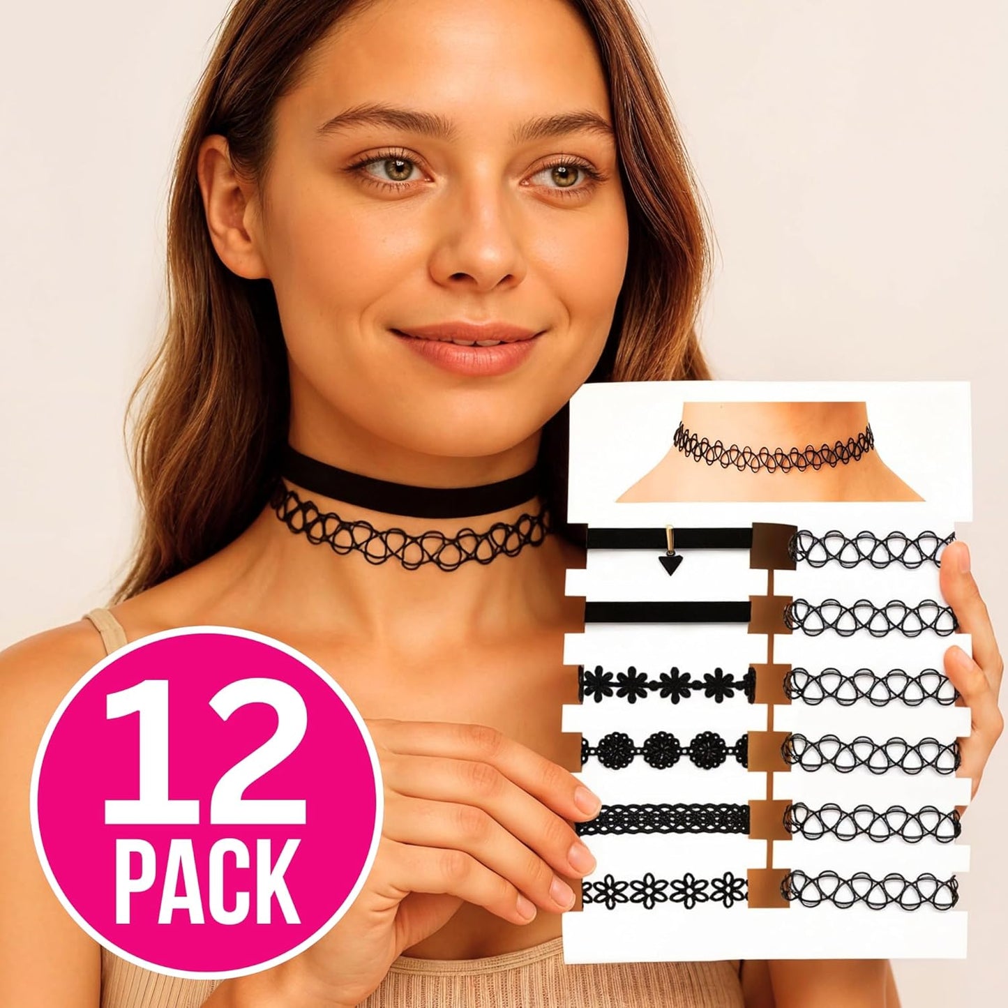 BodyJ4You 12PC Tattoo Choker Necklace - 90s Accessories 2000s Jewelry Y2K Fashion Vintage Trendy - Rainbow Goth Black Pink Green Blue White - Adjustable Stretchy Elastic Necklace Summer Vacation Set
