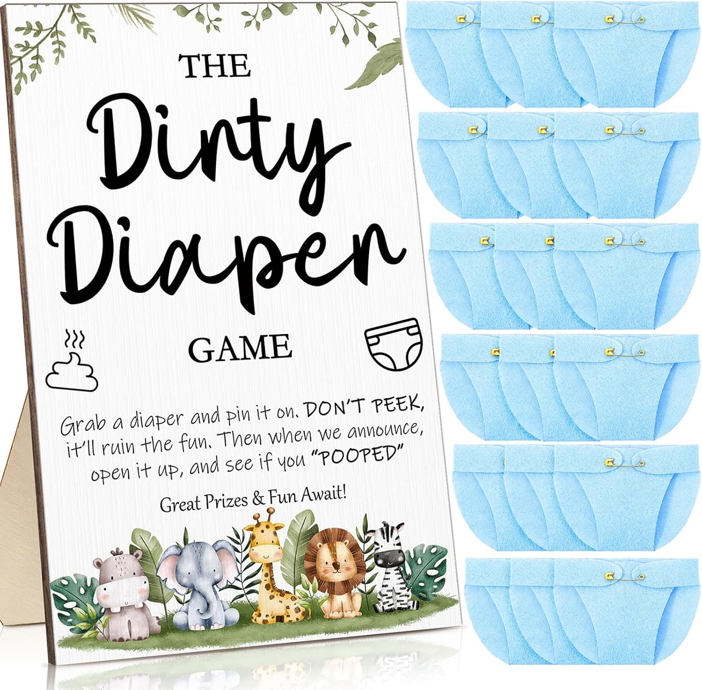 Roowest 51 Pcs Dirty Diaper Baby Shower Games Funny Wooden Sign with 50 Pcs Mini Diapers Cute Felt for Gender Reveal Party Baby Shower(Animals Blue)