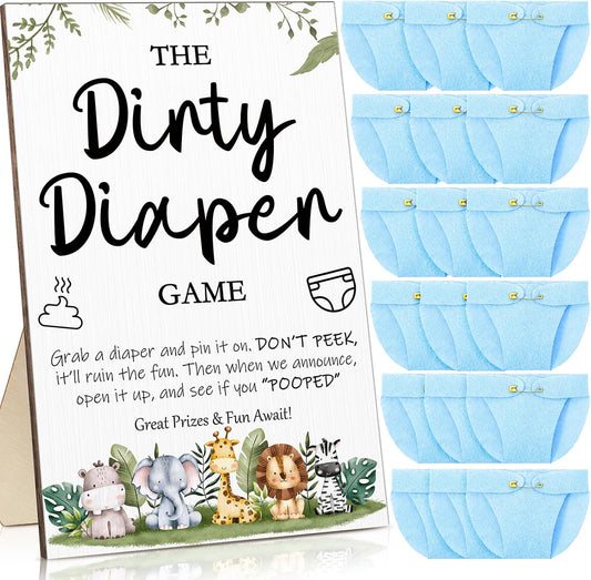 Roowest 51 Pcs Dirty Diaper Baby Shower Games Funny Wooden Sign with 50 Pcs Mini Diapers Cute Felt for Gender Reveal Party Baby Shower(Animals Blue)