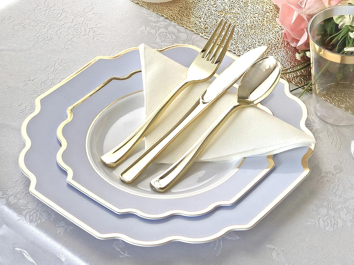 " OCCASIONS " 50 Plates Pack (25 Guests)-Heavyweight Wedding Party Disposable Plastic Plate Set -(25x10.5'' Dinner + 25x8'' Salad/dessert (Imperial in White/Blue & Gold)