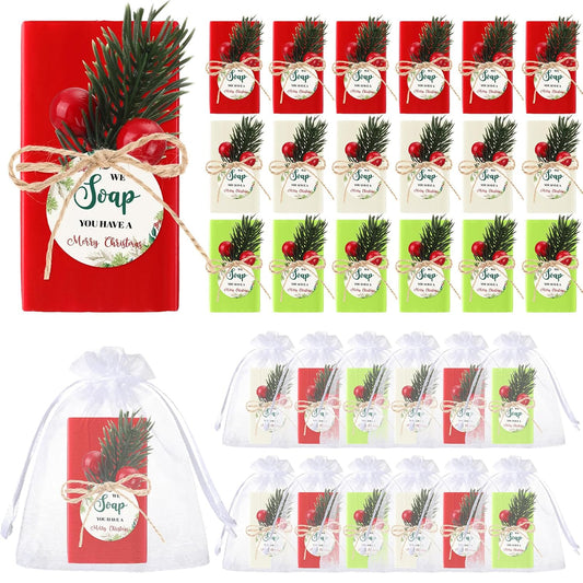 24 Set Christmas Party Favors Bar Soap Gift Bulk Handmade Mini Soaps with Tags Drawstring Gift Bag, Guests Return Thank You Gifts for Xmas Goodie Bags Stocking Stuffers Wedding Party Favors