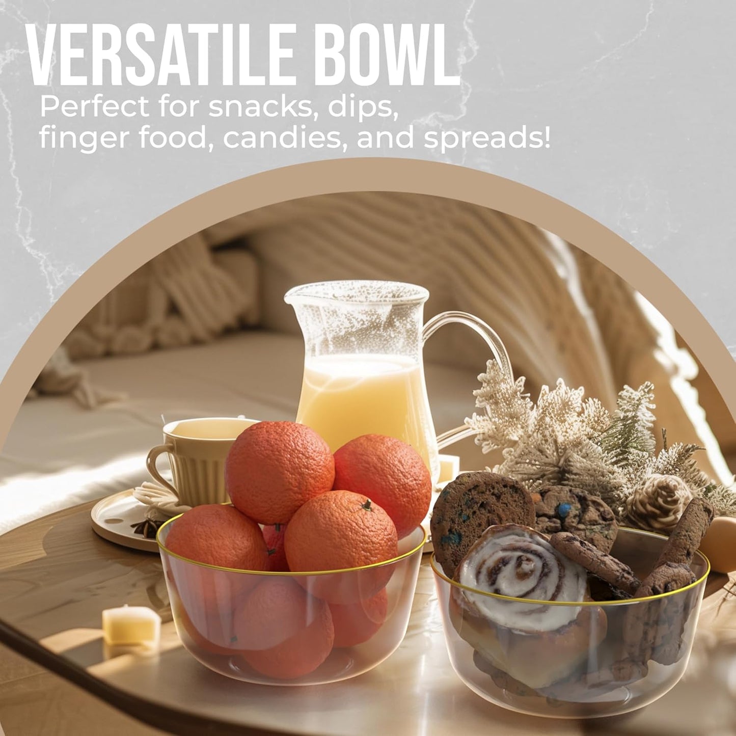 Trendables Plastic Bowls Disposable Bowls: Gold Rimmed, Salad & Serving, Ice Cream & Candy Bowls (24 Oz) - Set of 50