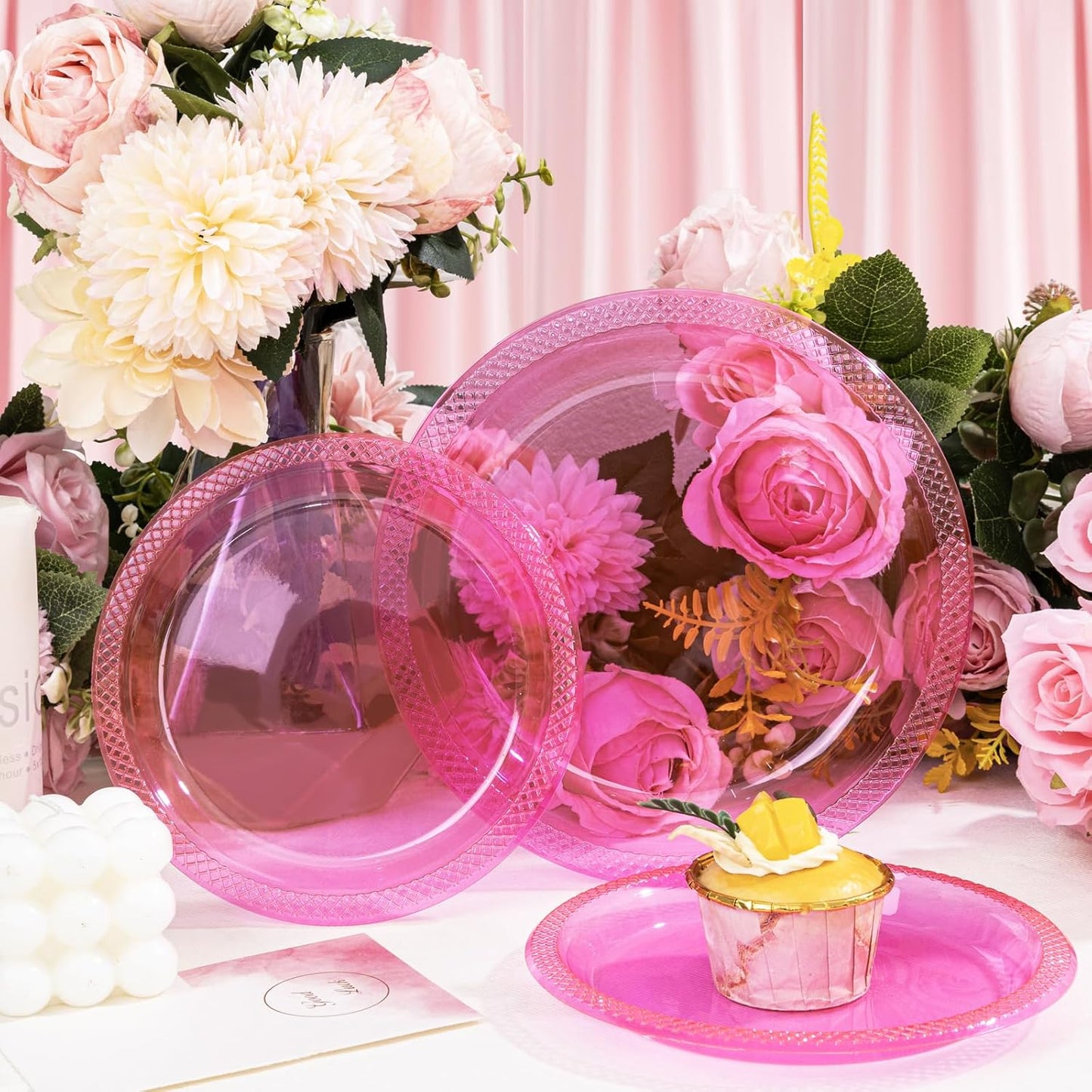 WELLIFE Neon Pink Party Plates 9 Inch -150 Count, Translucent Pink Plastic Disposable Dessert Neon Plates for Fluorescent Neon Theme Party Cake Salad Appetizers Easter Baby Shower Mother's Day
