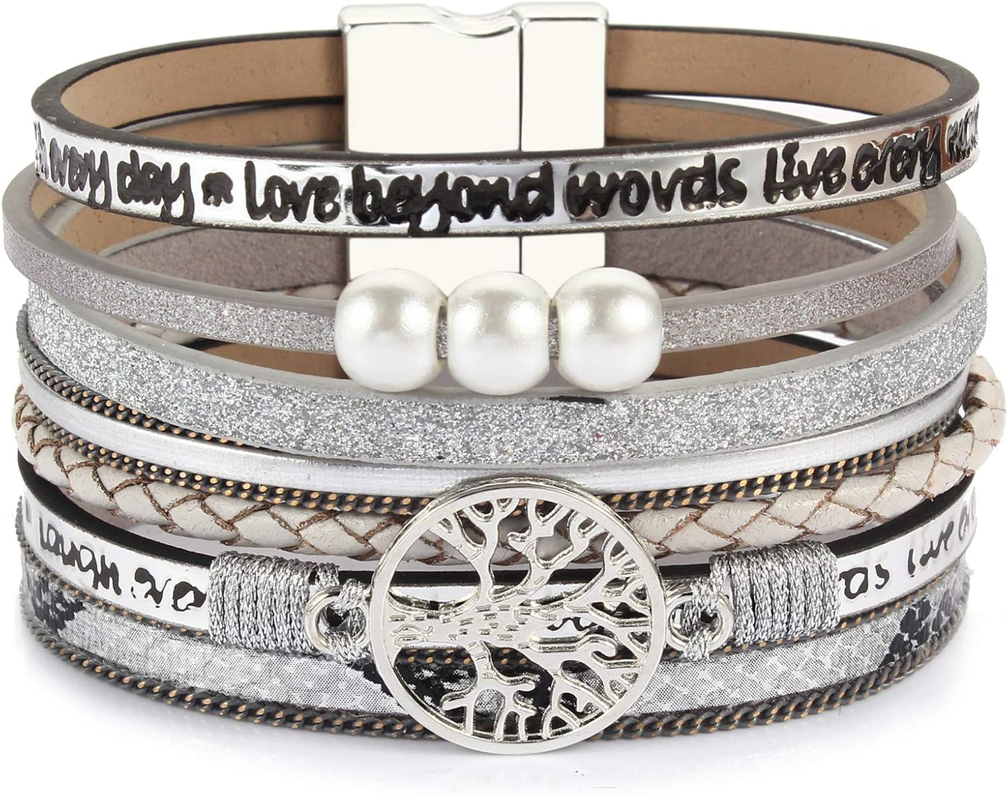 FANCY SHINY Tree of Life Leather Wrap Bracelet Inspirational Cuff Bangles Boho Pearl Bracelets with Magnetic Clasp Unique Jewelry Gifts for Women