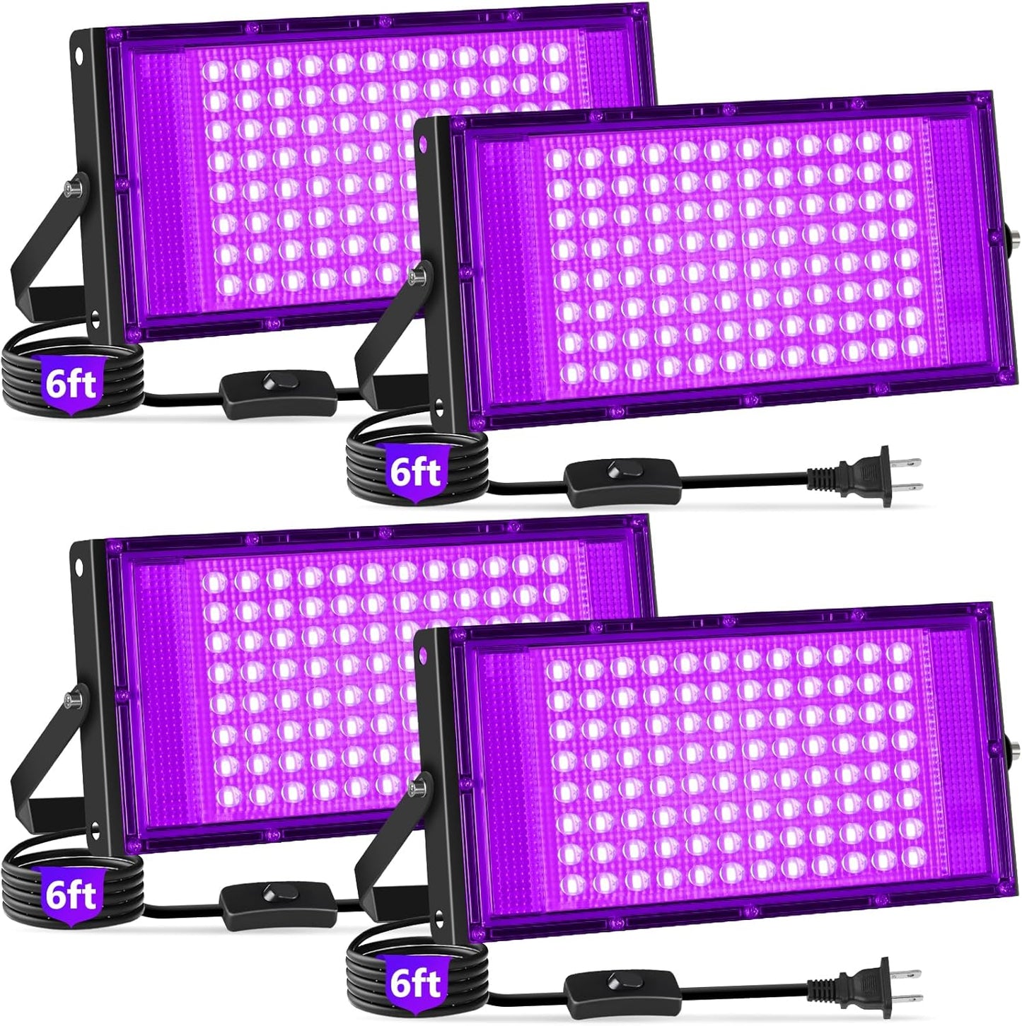 100W Black Lights with Switch+Plug, IP66 Waterproof, LED Blacklight Flood Light for Glow Party, Halloween, Bedroom, Fluorescent Poster, Body Paint, 4 Pack