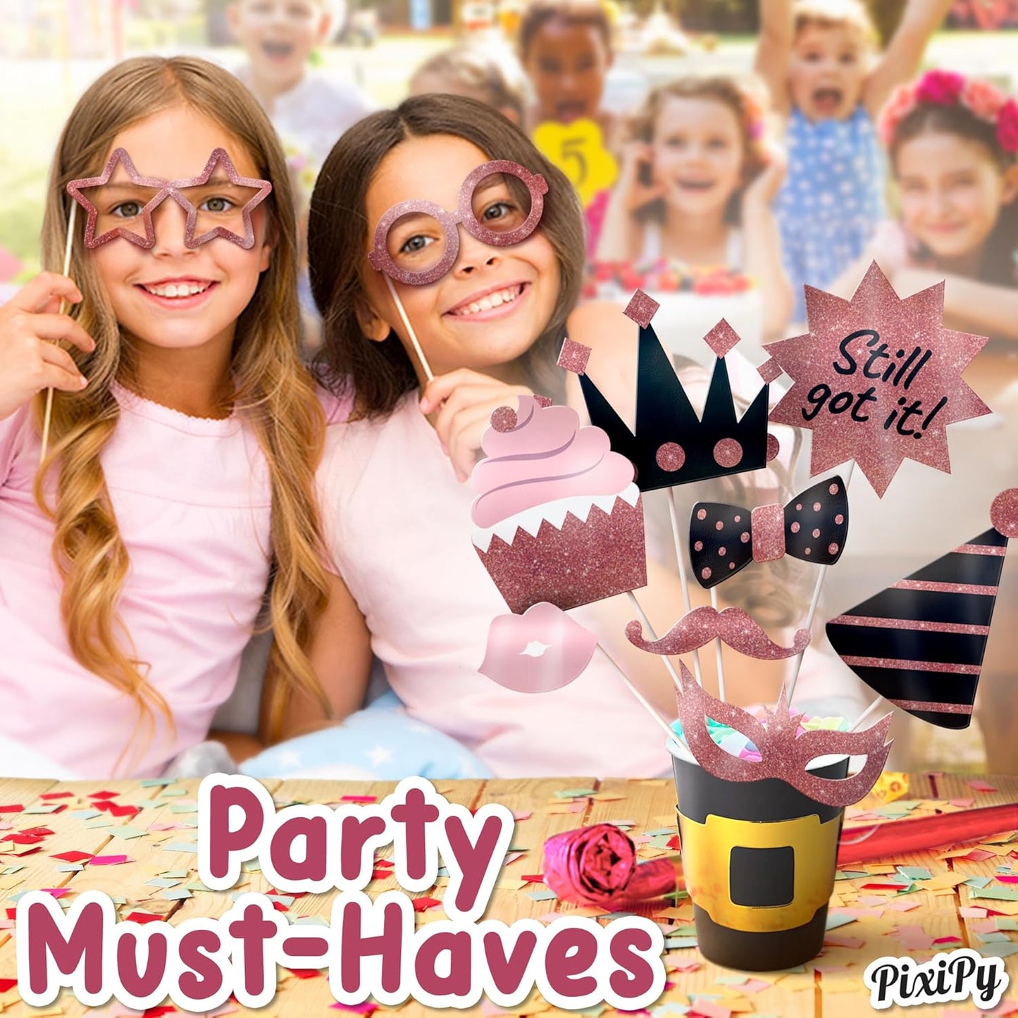 Premium Birthday Photo Booth Props Kit - 30 pc, Pink Glitter - Happy Birthday Party Fun Photobooth Selfie Accessories - for Adults & Kids - Funny Photoshoot w/Friends - by PixiPy