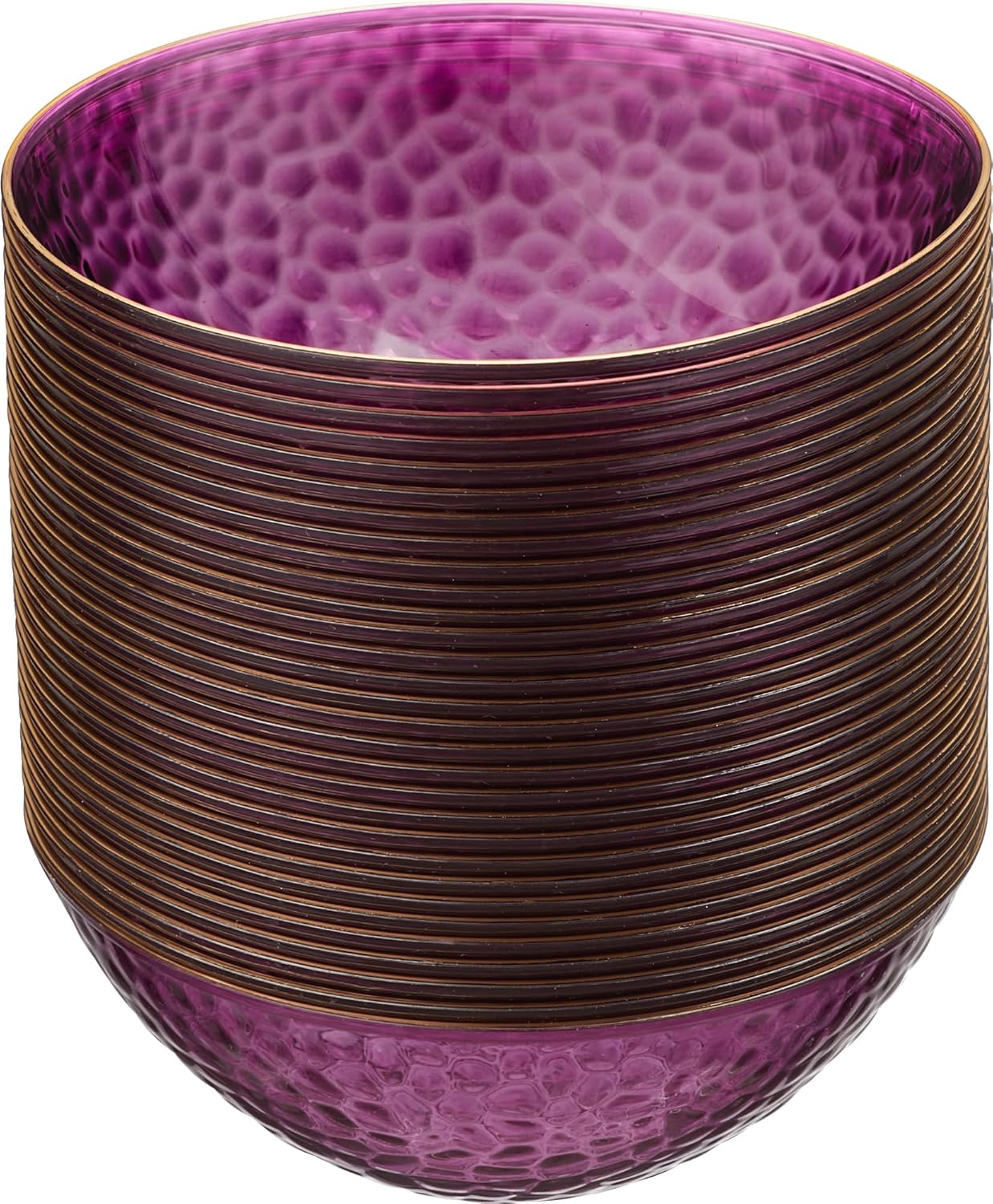 PLASTICPRO 30 Pack 12 Ounce Hammered Plastic Bowls Translucent Clear with Gold Rim Heavyweight Disposable Plastic Soup Bowls Elegant Translucent Hammered Gold Rim Platsic Party Dishes