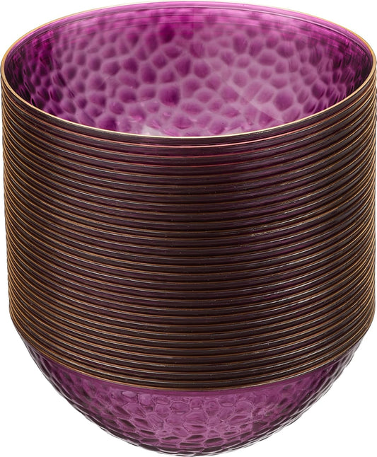 PLASTICPRO 30 Pack 12 Ounce Hammered Plastic Bowls Translucent Clear with Gold Rim Heavyweight Disposable Plastic Soup Bowls Elegant Translucent Hammered Gold Rim Platsic Party Dishes