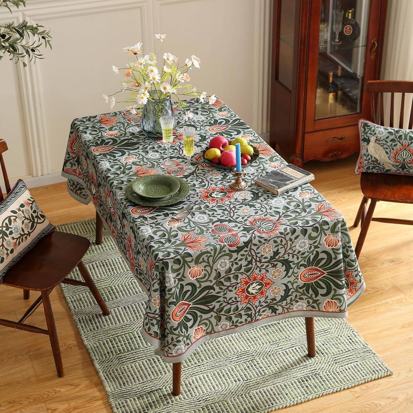 ISAENNE Designer Bohemian Linen Green Long Tablecloth Rectangle,Floral Indoor Table Cloth,Stain Resistant Decor Tablecloths for Dining Thanksgiving Kitchen Party Christmas,63"*94"-Naples