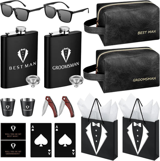 20Pcs Groomsmen Gifts Groomsmen Proposal Box with Flasks Sunglasses PU Leather Toiletry Bag Bottle Opener for Wedding Groomsman Best Man Gift (2, Black)