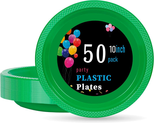 WELLIFE 10 Inch Plastic Plates Green 50 Count Disposable Plate for Party, Large Big Plates for Dinner Christmas Party Supplies Birthday Camping BBQ