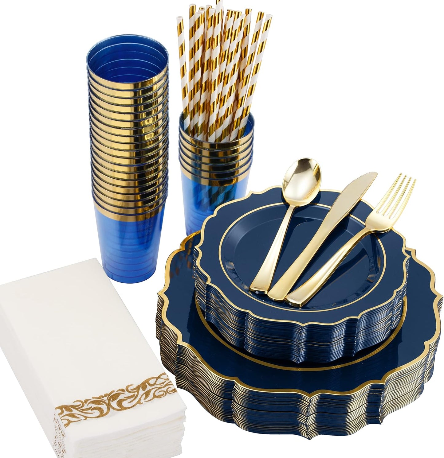 200 PCS Premium Blue Plastic Plates for 25 Guests, Heavy Duty Blue and Gold Disposable Plate, include 25 Plastic Dinner/Dessert Plates, 25 Silverware Set, 25 Cups, Straws for Party Graduation