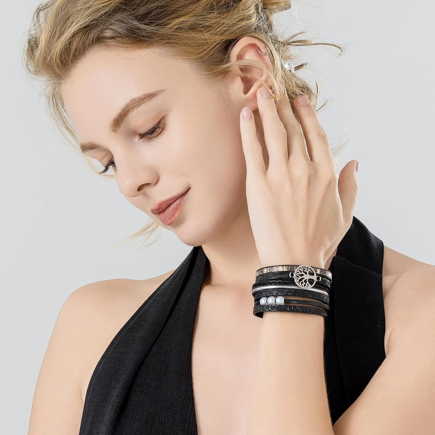 FANCY SHINY Tree of Life Leather Wrap Bracelet Inspirational Cuff Bangles Boho Pearl Bracelets with Magnetic Clasp Unique Jewelry Gifts for Women