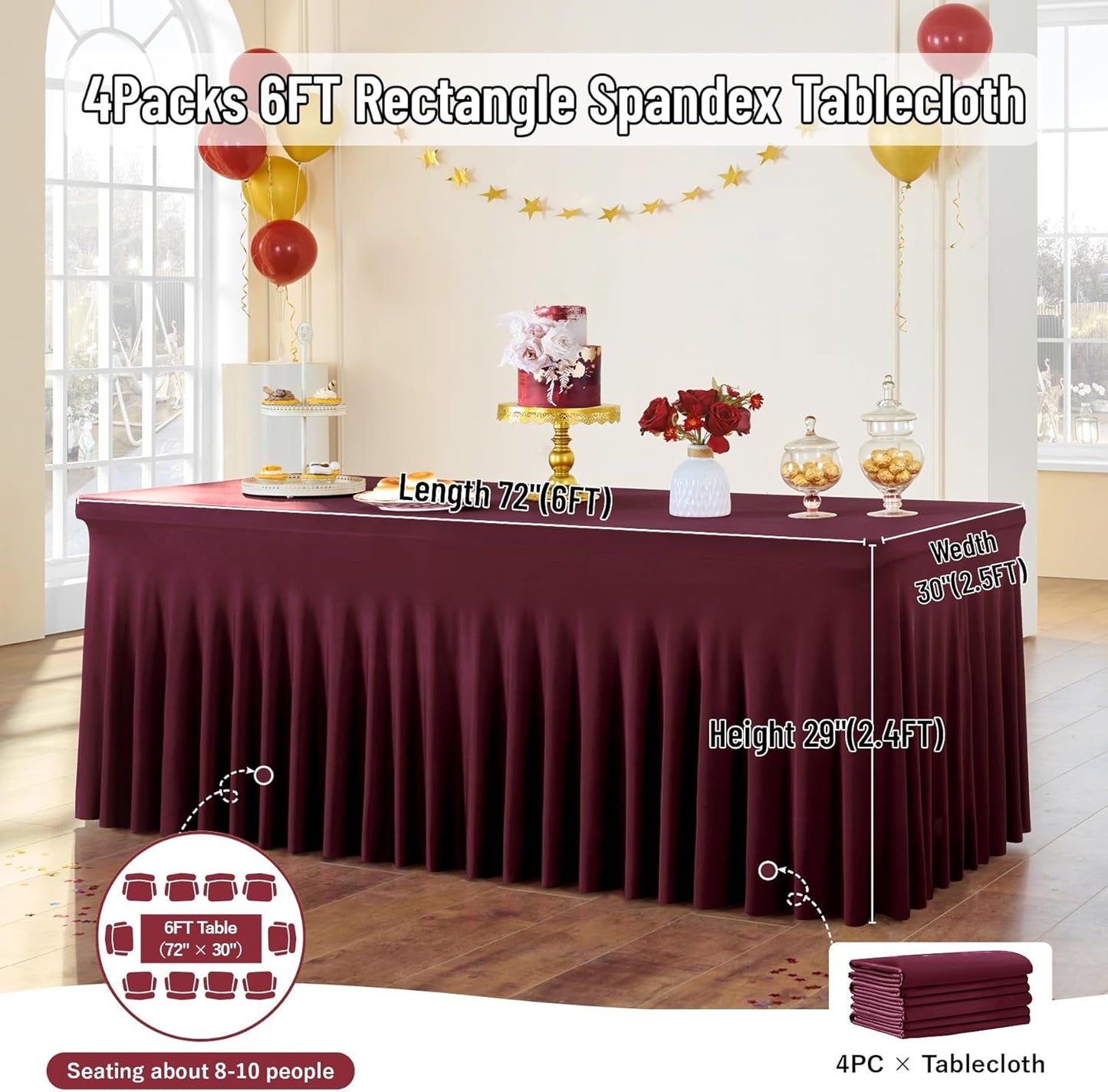 leegleri 4 Pack Burgundy Spandex Table Clothes for 6 Foot Rectangle Tables, Wrinkle Free Fitted Table Cover 6ft Stretch Tablecloths with Skirt for Parties Weddings Birthday Banquet Baby Shower