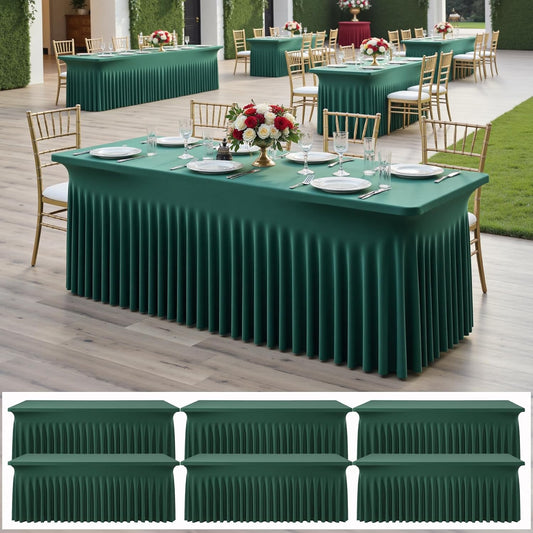 6 pk Hunter Green Spandex Tablecloth 8ft With Ruffle Table Skirt, Wrinkle Free Stretchy Fitted Tablecloths for 8 Foot Rectangle Tables, Elastic Spandex Table Covers for Weddings Parties Banquet Craft