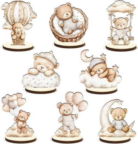 16 Pcs Wooden Baby Shower Table Centerpiece Brown Bear Tabletop Detachable Sign Boy Or Girl Gender Reveal Table Toppers Display Decoration Bear Birthday Photo Props Party Favor