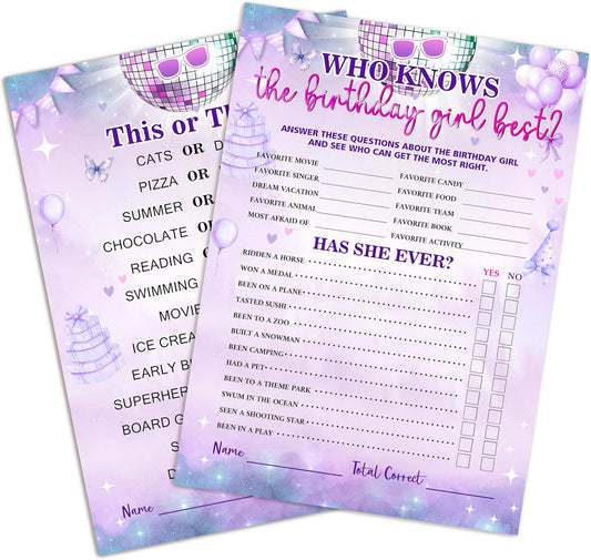 Birthday Party Games Card, Who Knows The Birthday Girl Best, Girls Sleepover Party Supplies for The Girls Card Game, 5x7 Inch Set of 25 Game Cards (Purple, Double-Sided) - A08