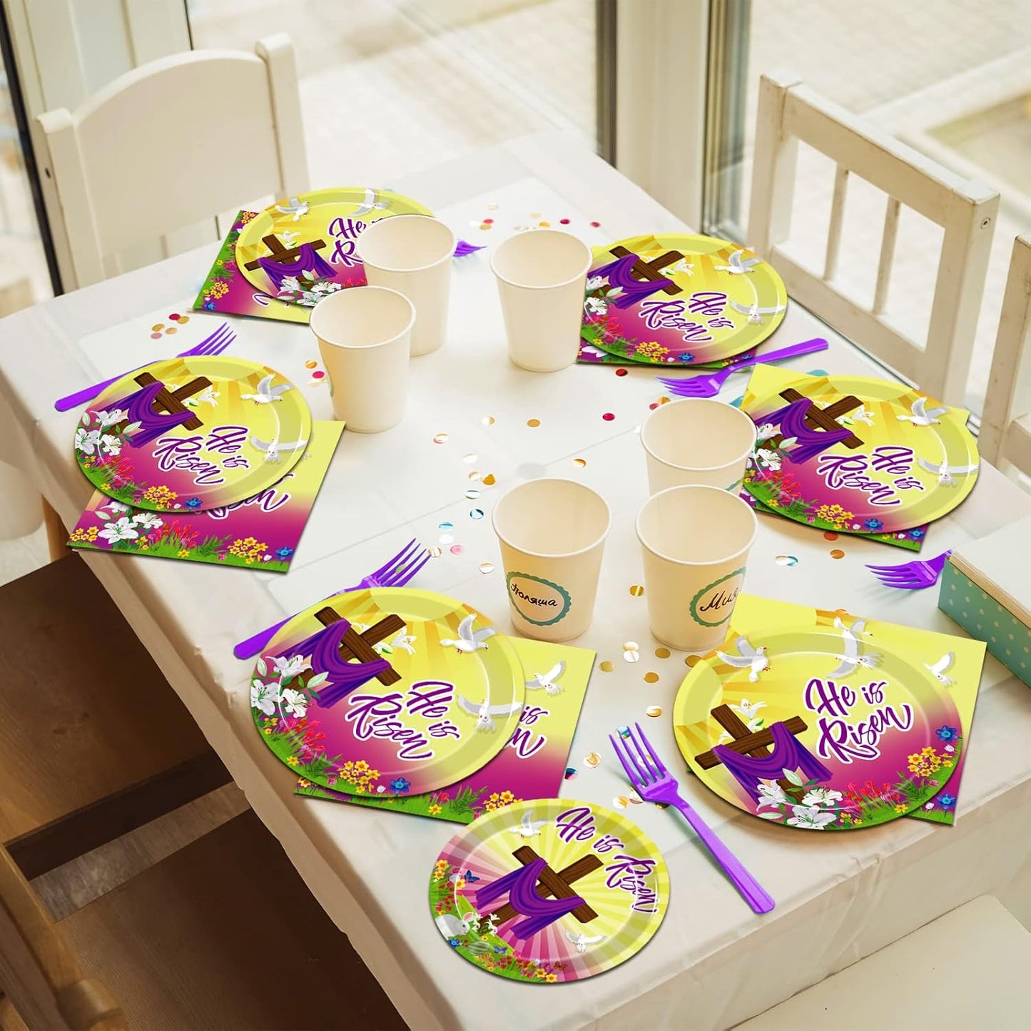96 Pcs Easter He is Risen Paper Plates Napkins, Easter Religious Inspiring Party Decorations Supplies Disposable Dinnerware Tableware Set, Serves 24