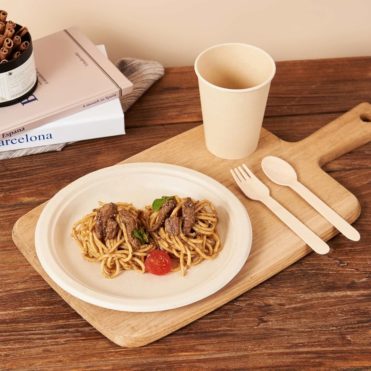 FULING 350Pcs Biodegradable Dinnerware Set - Disposable Dinner Plates, Wooden Cutlery, Napkins - Plant-Based Material, Microwave & Freezer Safe