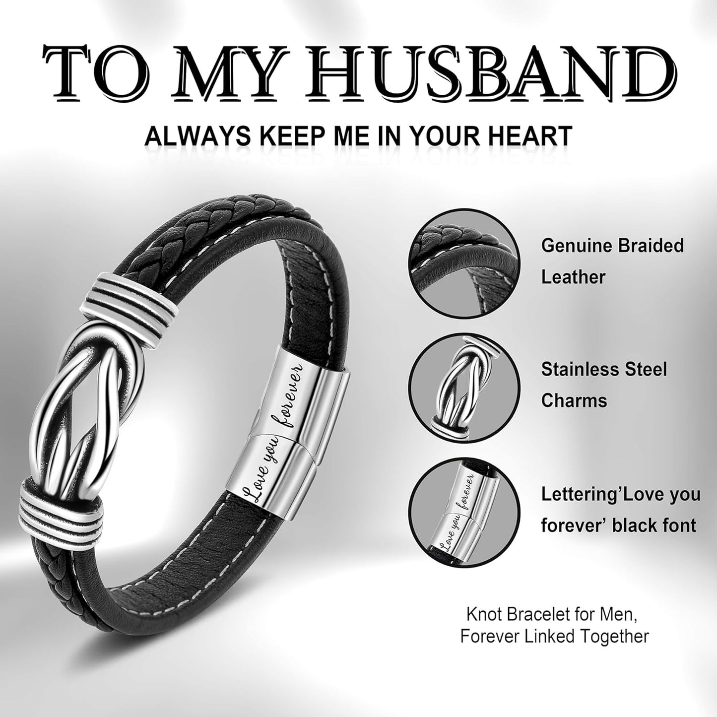 𝗞𝗻𝗼𝘁 𝗕𝗿𝗮𝗰𝗲𝗹𝗲𝘁 𝗚𝗶𝗳𝘁𝘀 𝗳𝗼𝗿 𝗠𝗲𝗻 Brown Braided Leather Stainless Steel Infinity Bracelets Lettering Love You Forever Gifts for Son Grandson Husband Boyfriend Brother Always Linked Together