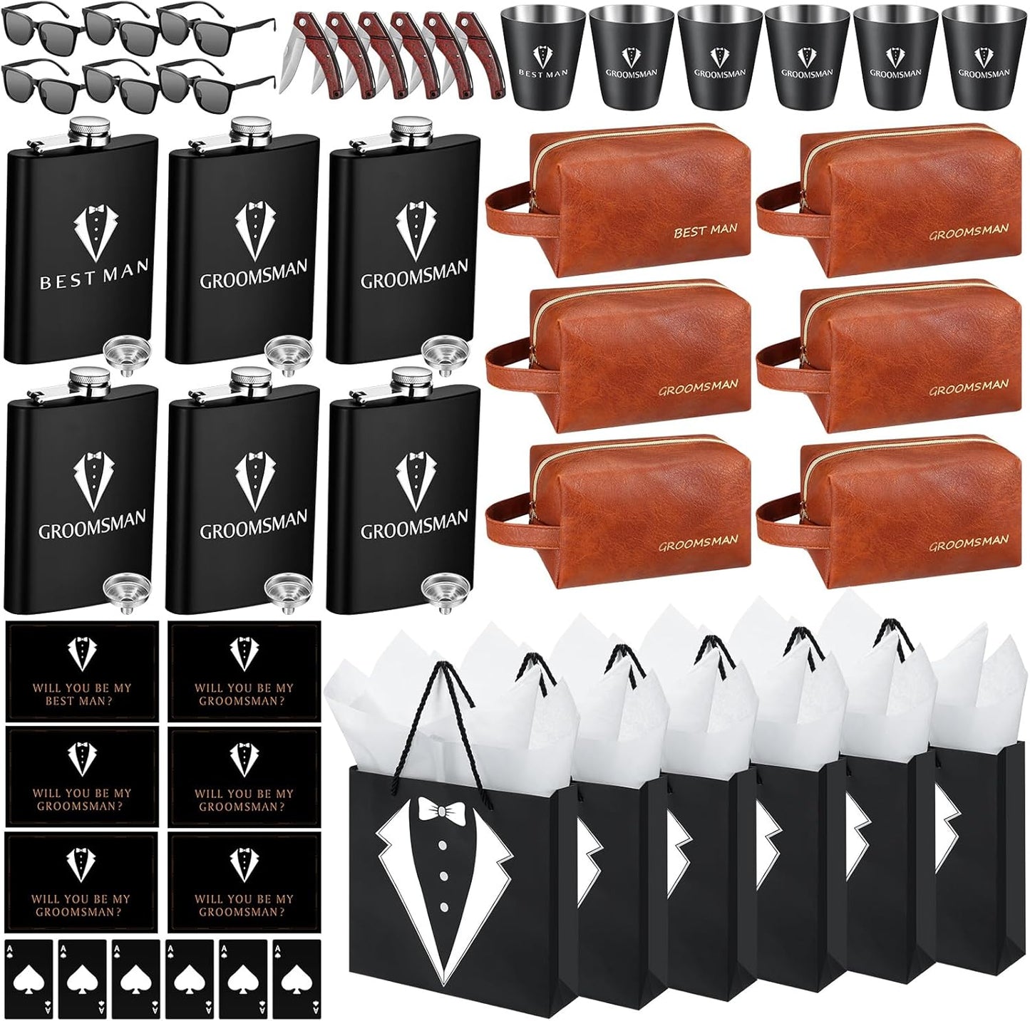 60Pcs Groomsmen Gifts Groomsmen Proposal Box with Flasks Sunglasses PU Leather Toiletry Bag Bottle Opener for Wedding Groomsman Best Man Gift (Brown)