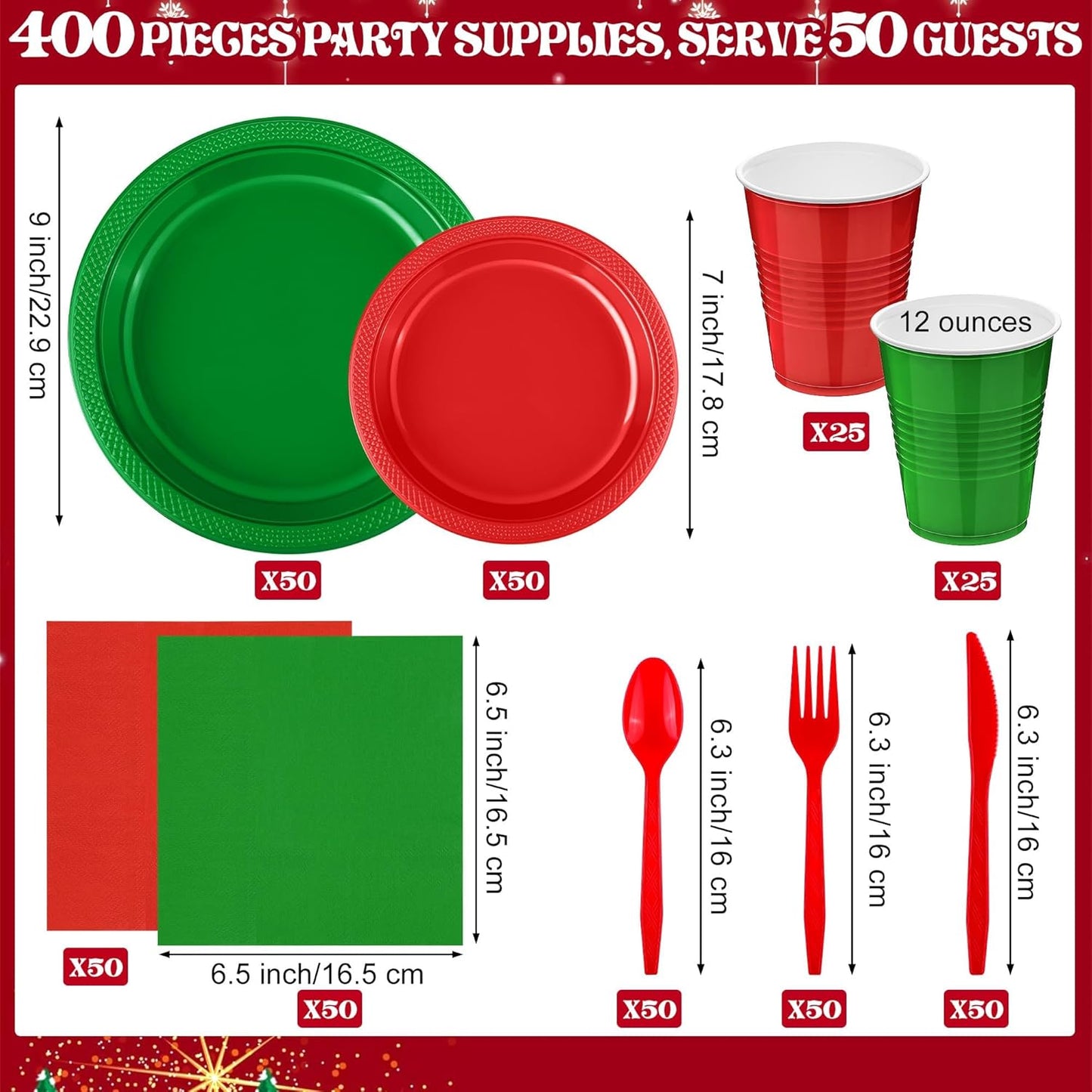 Aodaer 400 Pieces Christmas Party Supplies Red Green Plastic Dinnerware Include Plates Cups Knives Forks Spoons Paper Napkins for Christmas Birthday Wedding Parties, Serve 50 Guests