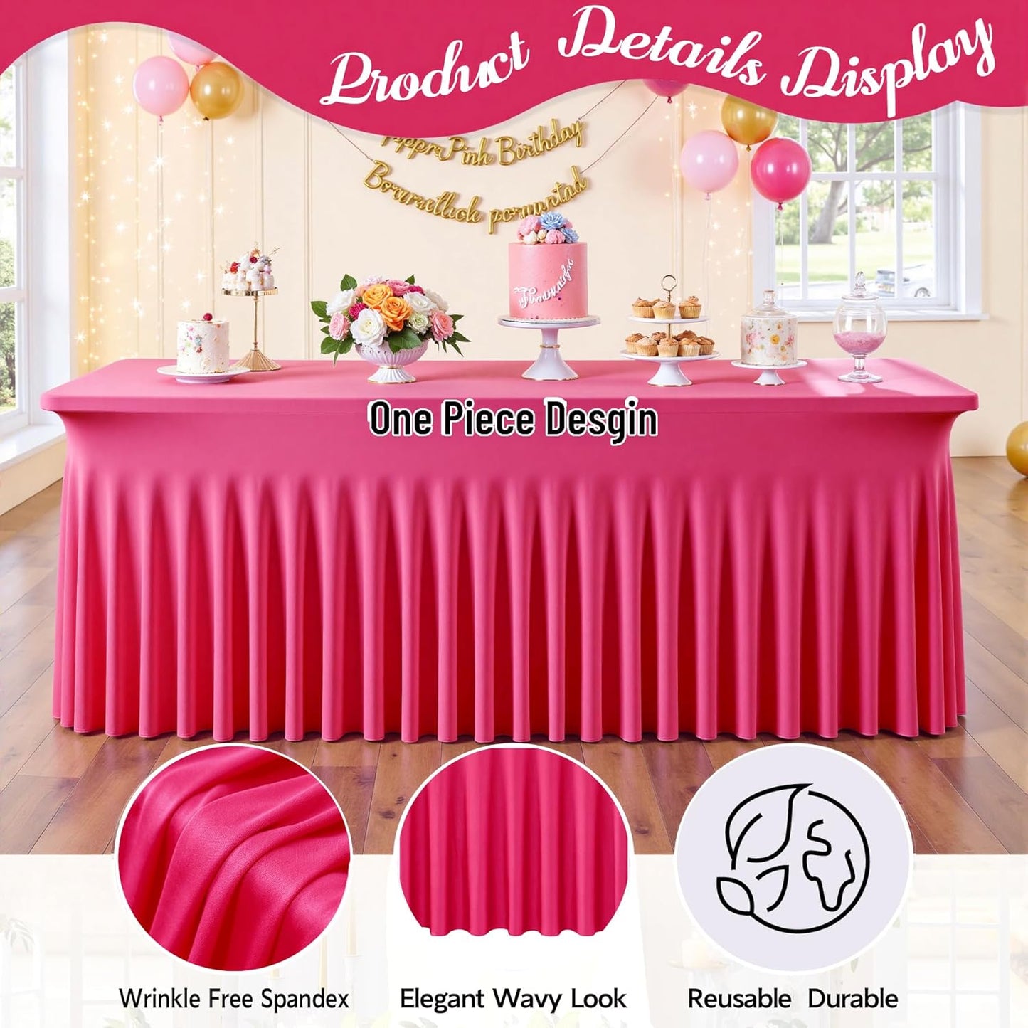 leegleri 4 Pack Hot Pink Spandex Tablecloths for 8 Foot Rectangle Tables, Wrinkle Free Fitted Table Cloths 8ft Stretchy Table Cloth Cover with Skirt for Parties Weddings Birthday Banquet Baby Shower