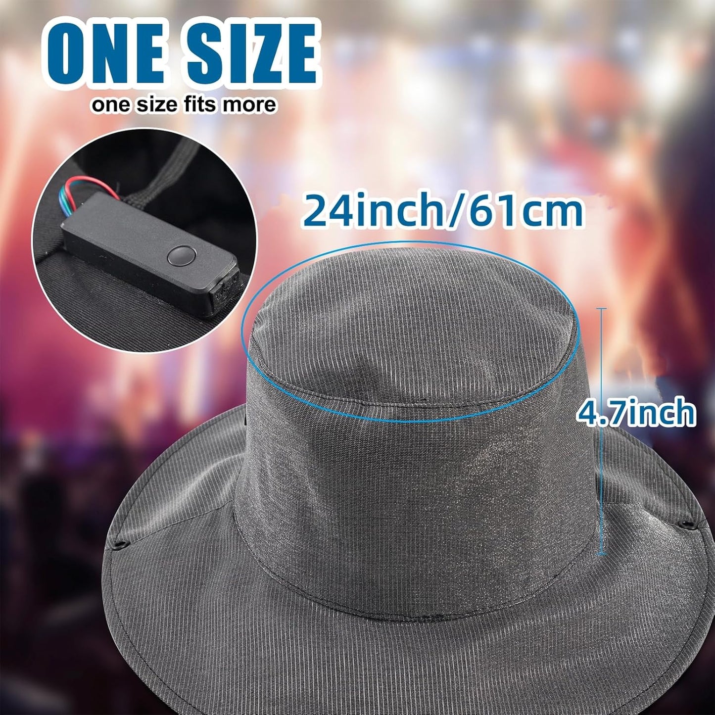 LED Bucket Hat, 7 Colors Rave LED Hats for Men Women Rechargeable Light up LED Cowboy Hat Wide Brim Neon Outfit for Party (Black)