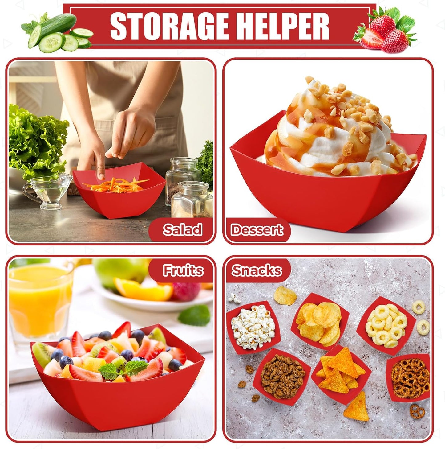 Tanlade 50 Pcs Square Plastic Serving Bowls Disposable Snack Salad Bowl Small Party Candy Bar Containers Taco Bar Serving Dishes for Buffet Chips Fruit(8 oz,Red)