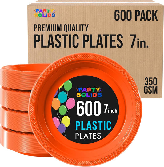 Party Solids Orange Plastic Plates Bulk 7" Orange Disposable Plates For Party Supplies 600 Pieces Disposable Dinner Plate Heavy Duty 350 GSM Plate Sets, Plastic Dinnerware Sets
