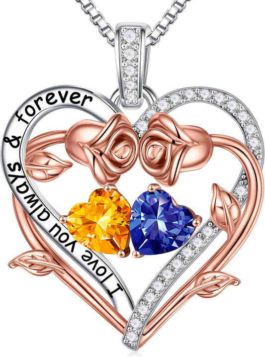 Iefil Rose Heart Double Birthstone Necklace Gifts for Wife Her Mom Women, Birthstone Jewelry Gemstone Birthday Gifts for Girlfriend Grandma Her Wife Women