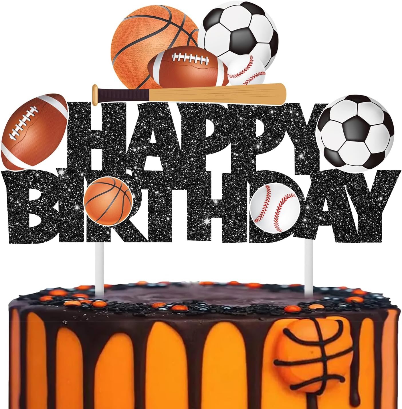 Sports Birthday Cake Toppers Baseball Cake Picks Glitter Black Football Soccer Ball Cake Decorations Rugby Basketball Birthday Decorations for Sports Balls Theme Boys Men Baby Shower Party Supplies